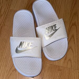 Nike White Slides with silver logo